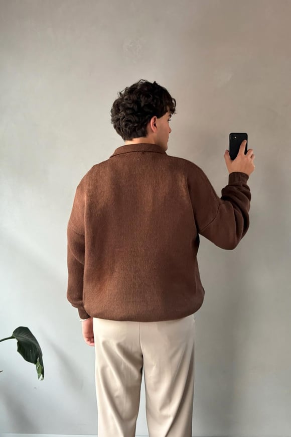 Polo Yaka Basic Kahverengi Triko Kazak