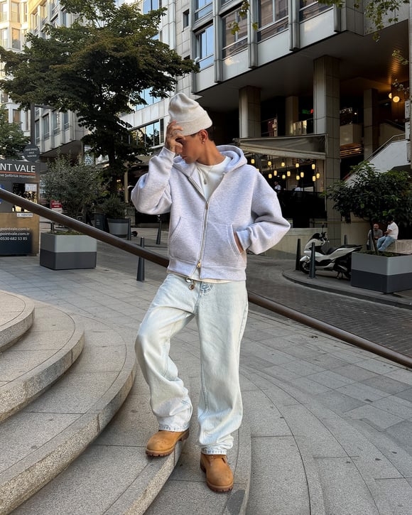 Puffer Melange Grey Boxy Fit Zippered Hoodie