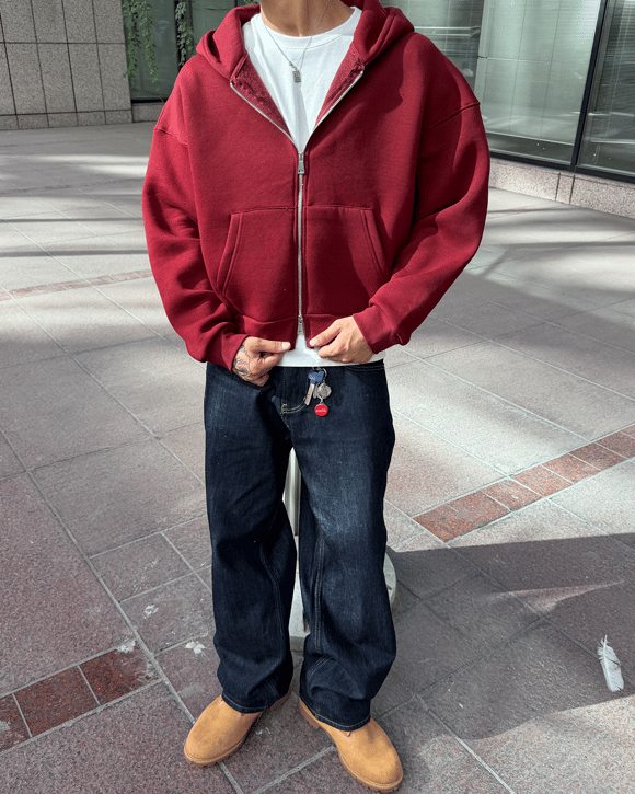 Puffer Wine Red Boxy Fit Zippered Hoodie