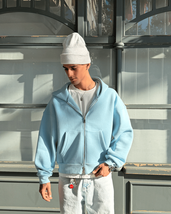 Puffer Baby Blue Boxy Fit Zippered Hoodie