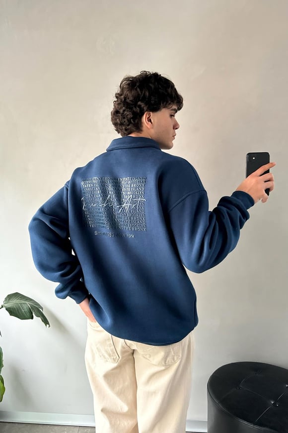 Punch Art Baskılı İndigo Polo Yaka Sweatshirt