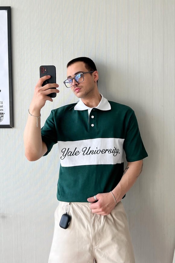 Renk Bloklu Nakışlı Polo Yaka Yeşil Oversize Tişört