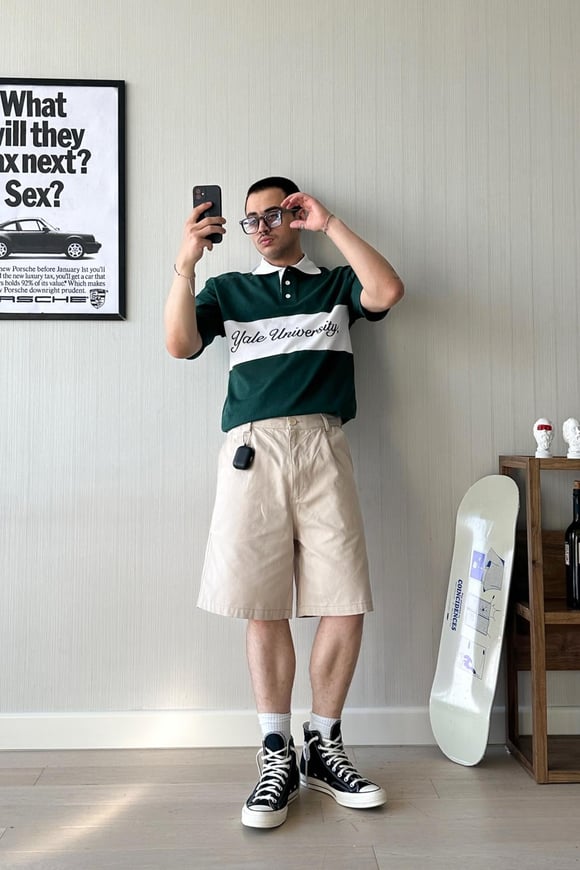 Renk Bloklu Nakışlı Polo Yaka Yeşil Oversize Tişört