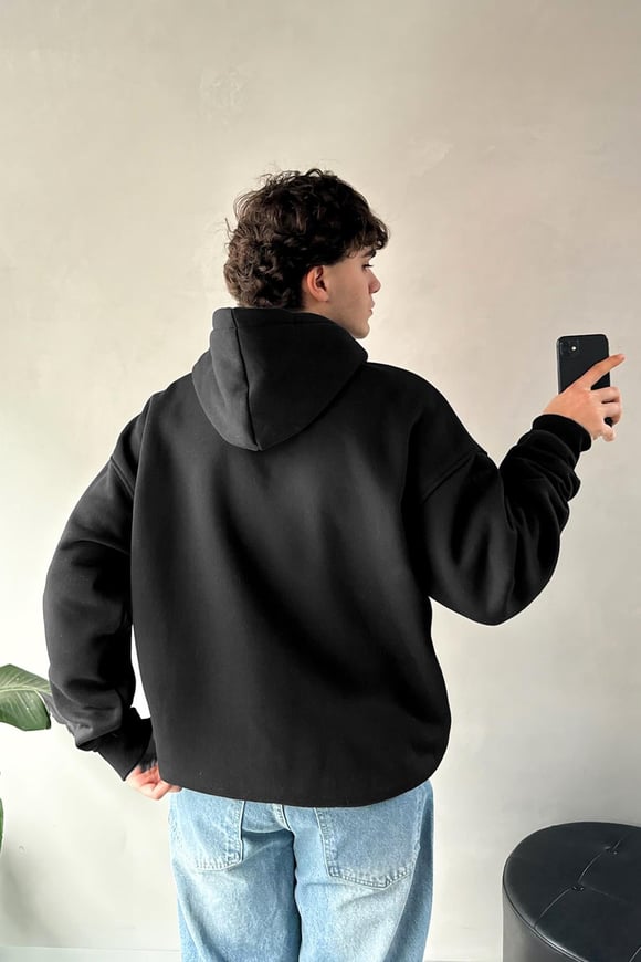Reverse Taş İşlemeli Siyah Oversize Hoodie
