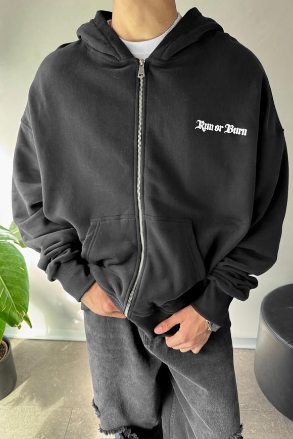 Run Or Burn Baskılı Siyah Oversize Hoodie