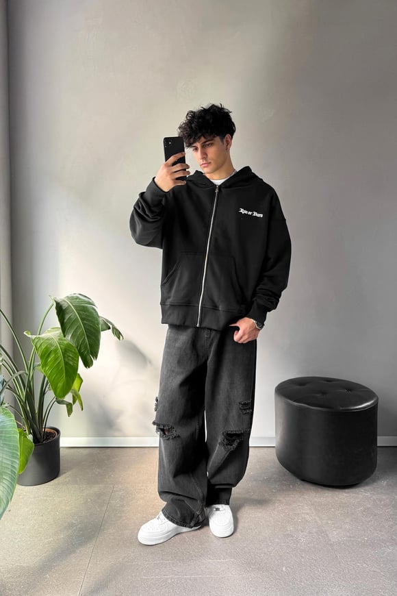 Run Or Burn Baskılı Siyah Oversize Hoodie