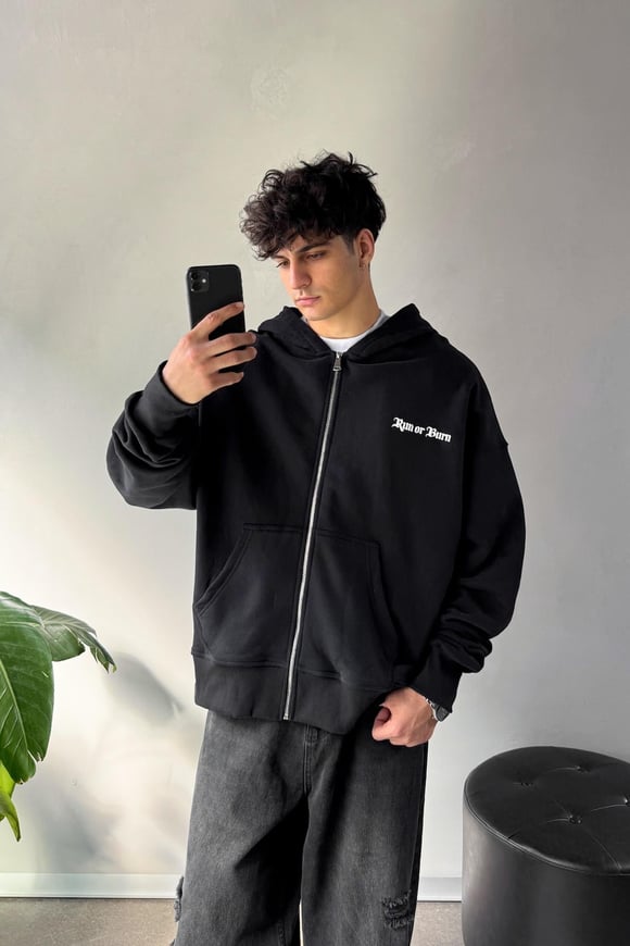 Run Or Burn Baskılı Siyah Oversize Hoodie