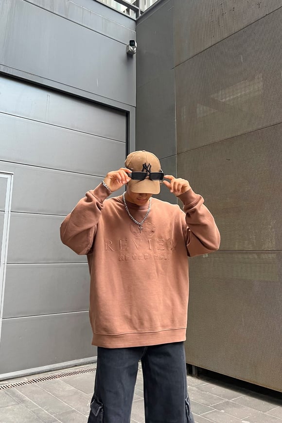 Premium Rv Nakışlı Kahverengi Oversize Sweatshirt