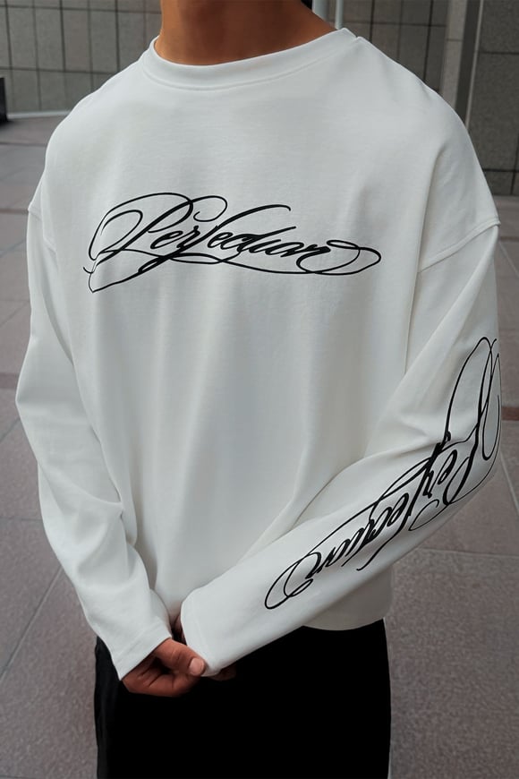 Curved Printed White Long-Sleeve