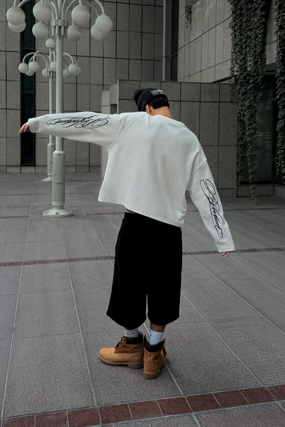 Curved Printed White Long-Sleeve