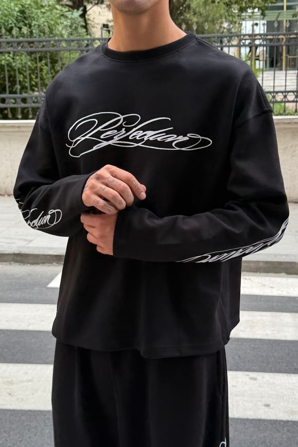 Curved Printed Black Long-Sleeve