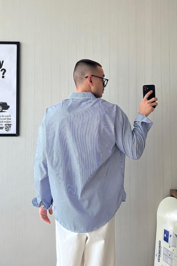 Slim Strip Uzun Kol Lacivert Oversize Gömlek