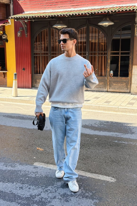 Light Grey Boxy Fit Crewneck Sweater