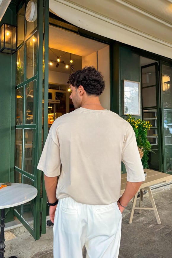 V Sytle Baskılı Oversize Tshirt Taş Rengi