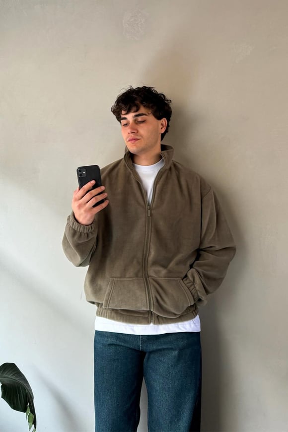Vn Nakışlı Cep Detay Haki Polo Yaka Sweatshirt