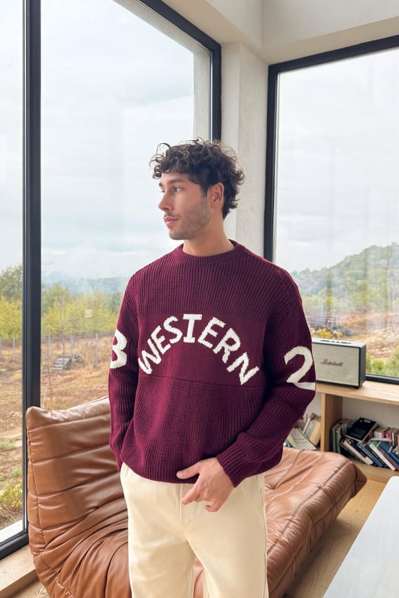 Western Nakışlı Triko Kazak Bordo