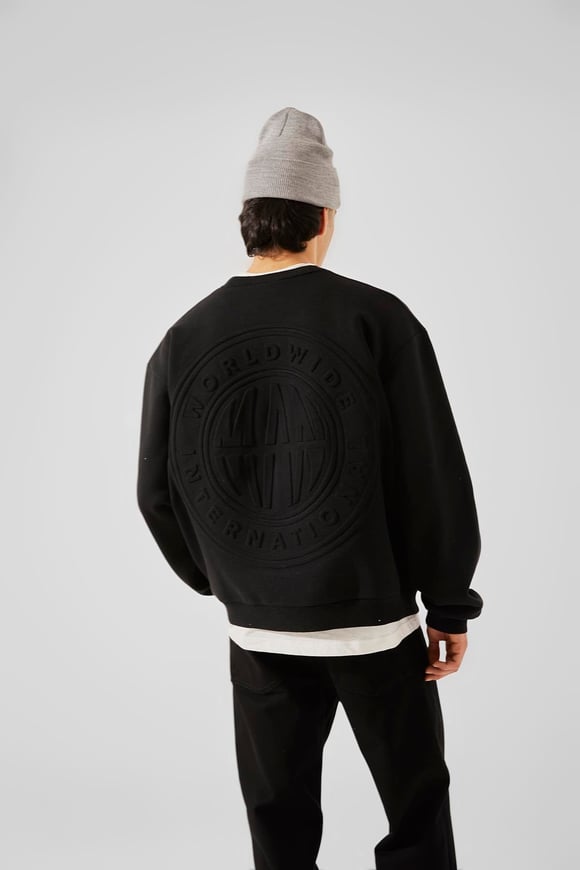 World Wıde Kabartma Baskılı Siyah Oversize Sweatshirt