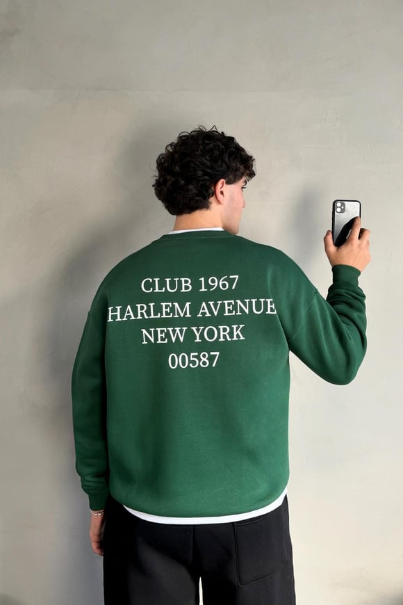 Harlem Baskılı Yeşil Bisiklet Yaka Sweatshirt