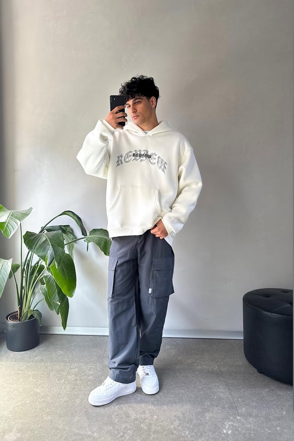 Writing Baskılı Ekru Oversize Hoodie
