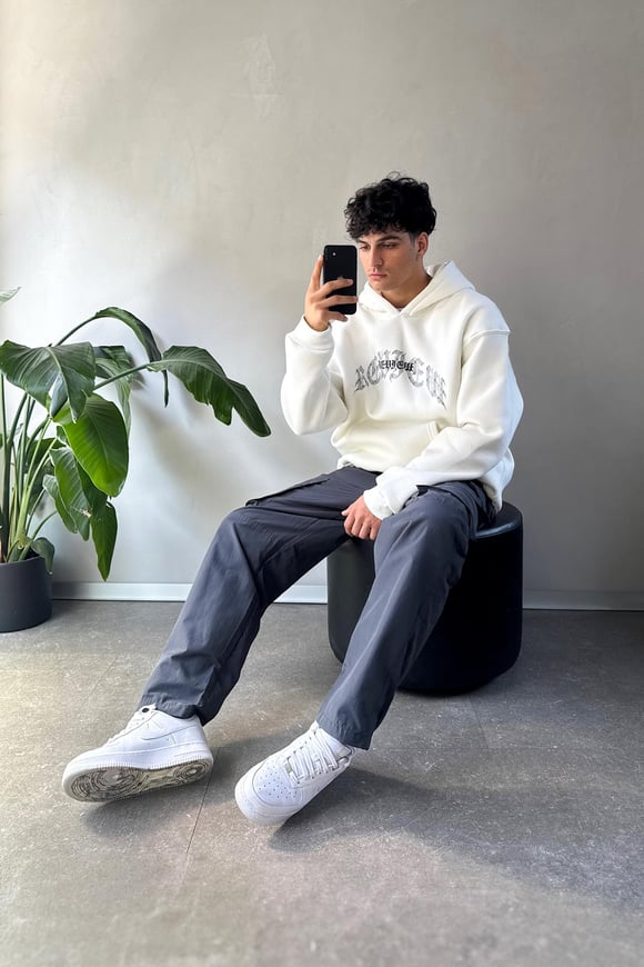 Writing Baskılı Ekru Oversize Hoodie