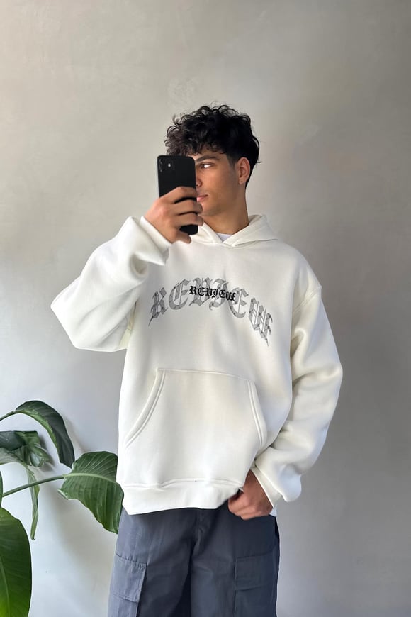 Writing Baskılı Ekru Oversize Hoodie