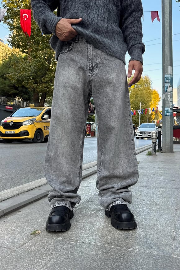 Yıkamalı Çizgili Baggy Gri