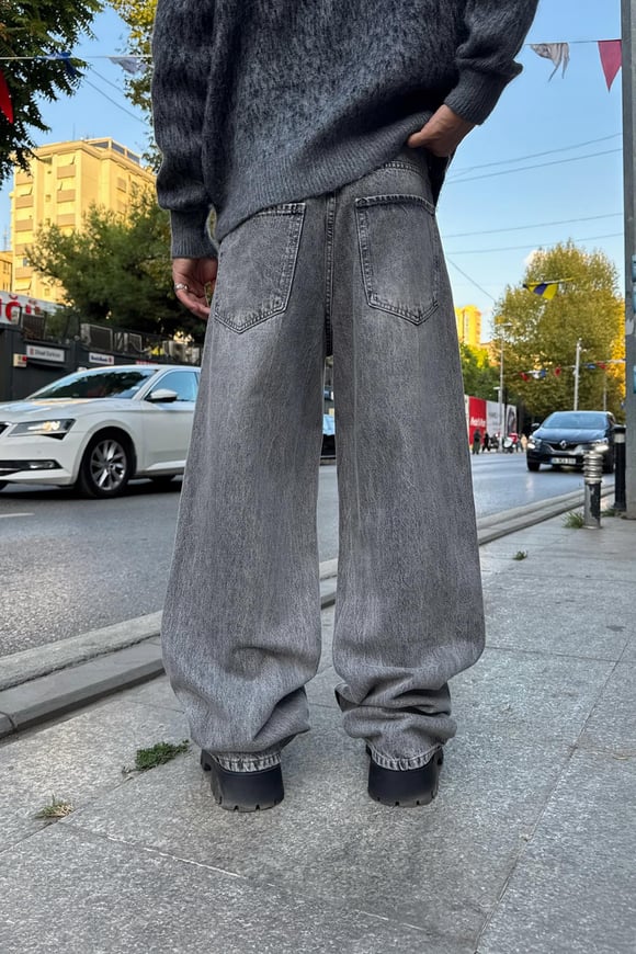 Yıkamalı Çizgili Baggy Gri