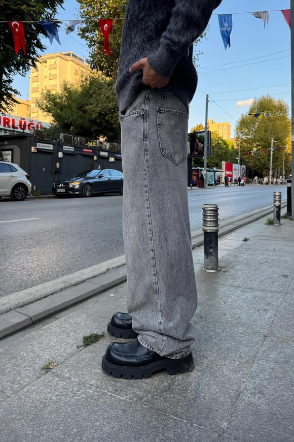 Yıkamalı Çizgili Baggy Gri