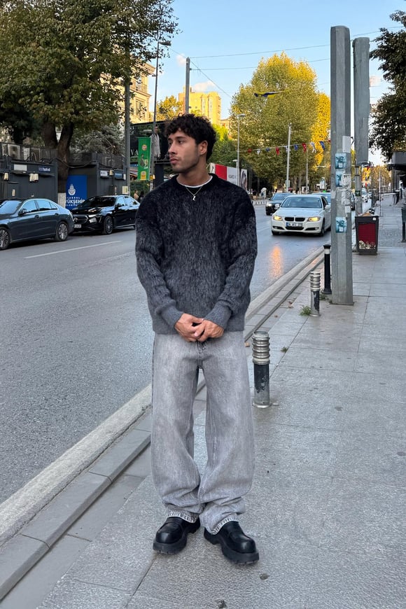 Yıkamalı Çizgili Baggy Gri
