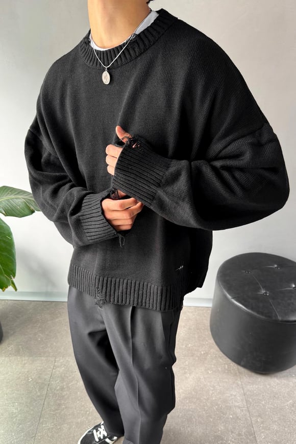 Yırtık Model Bisiklet Yaka Siyah Oversize Kazak