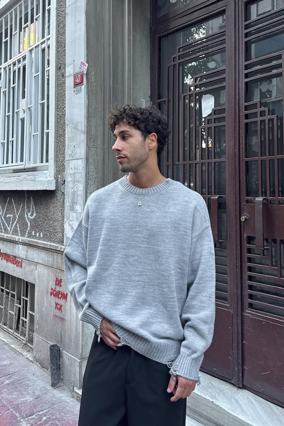 Yırtık Model Triko Kazak Gri