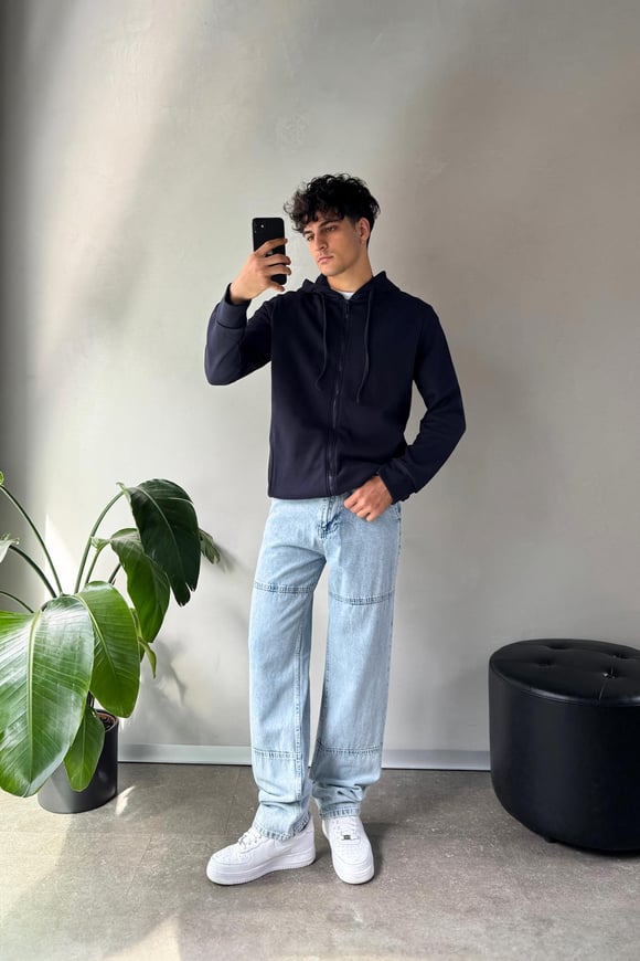 Basic Oversize Lacivert Zip Hoodie