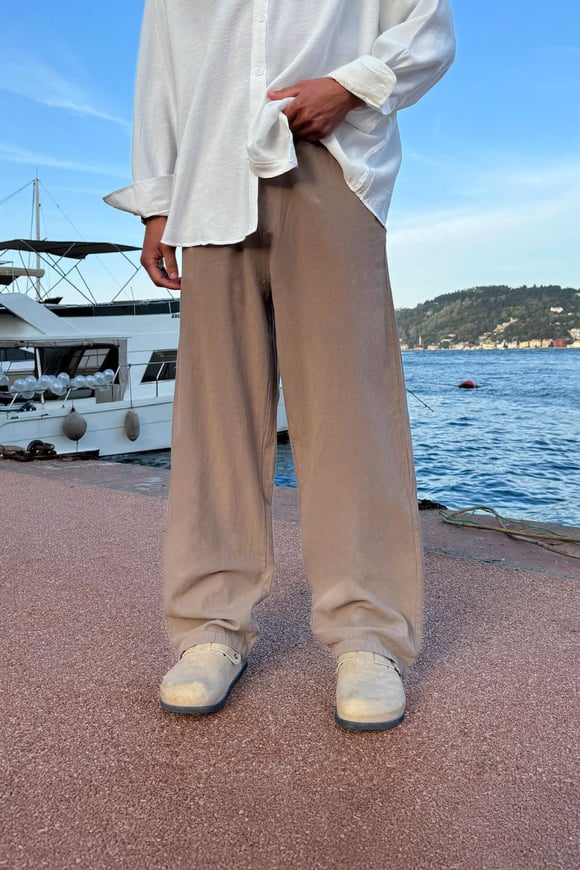 Bel Lastikli Rahat Kesim Kahverengi Keten Pantolon