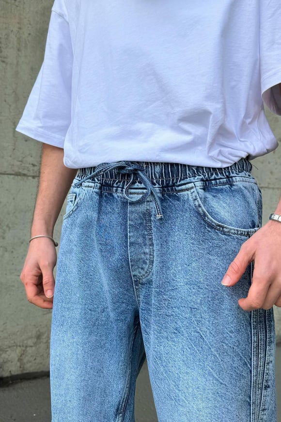 Bel Lastikli Yan Dikiş Detay Mavi Regular Jean