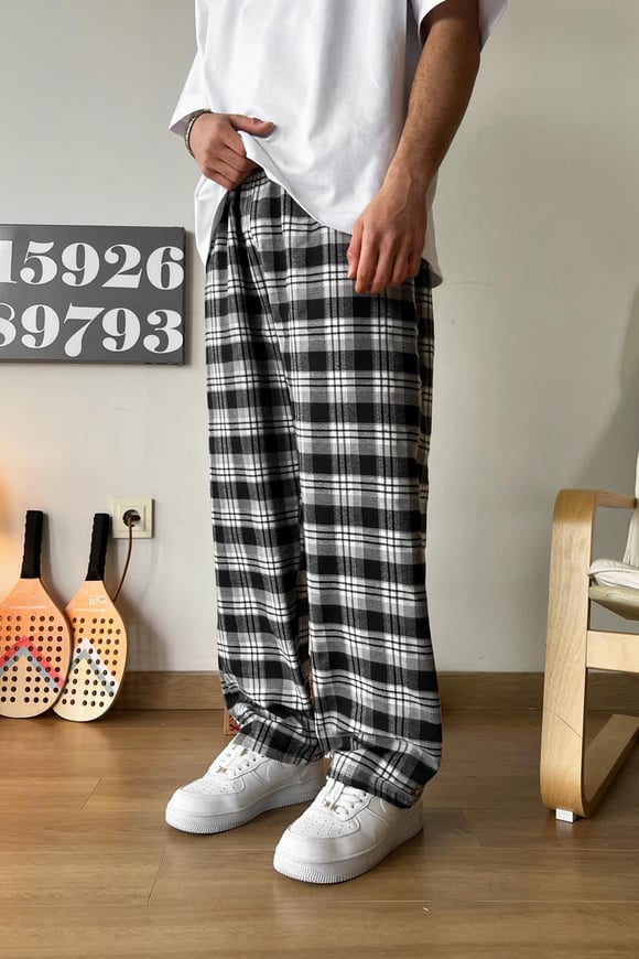 Beli Lastikli Ekoseli Gri Pijama