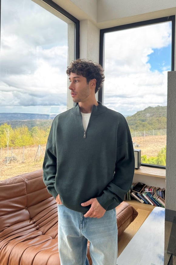 Boğazlı Half Zip Triko Kazak