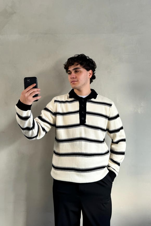 Çizgili Polo Yaka Taş Rengi Oversize Kazak