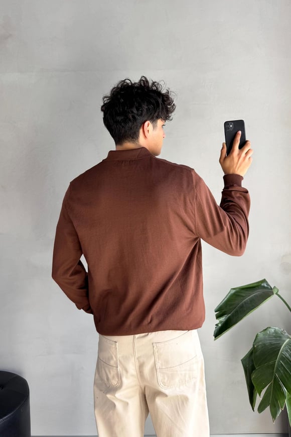 Half Zip Polo Yaka İnce Triko Kahverengi Kazak