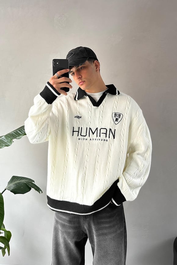 Human Nakışlı Ekru Polo Yaka Kazak