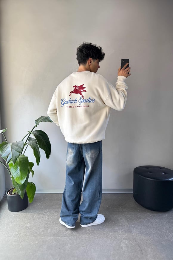 Vintage Baskılı Bisiklet Yaka Sweatshirt