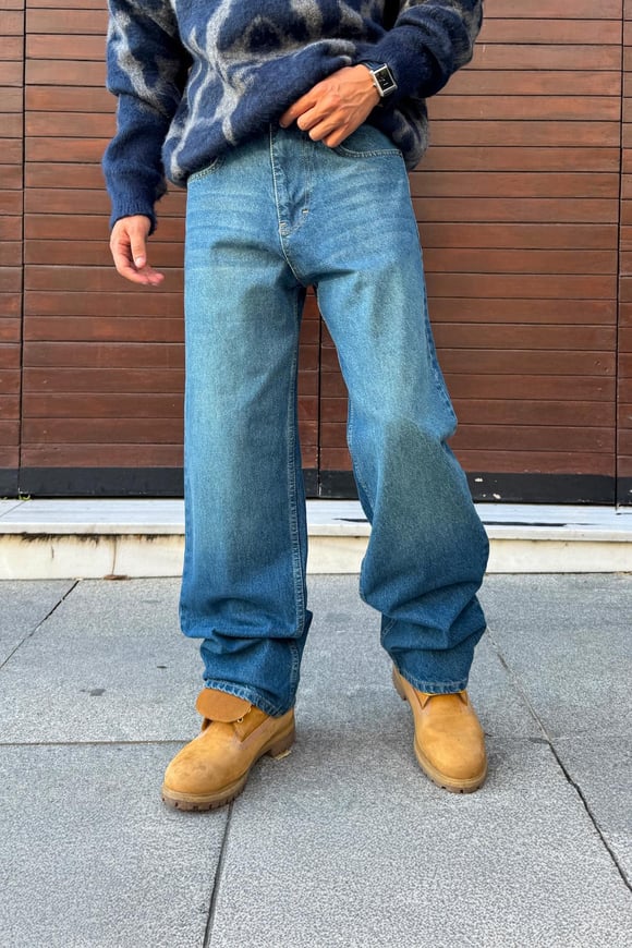 Yıkamalı Çizgili Baggy Jean