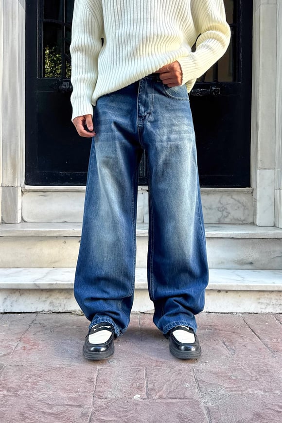 Yıkamalı Çizgili Baggy Jean