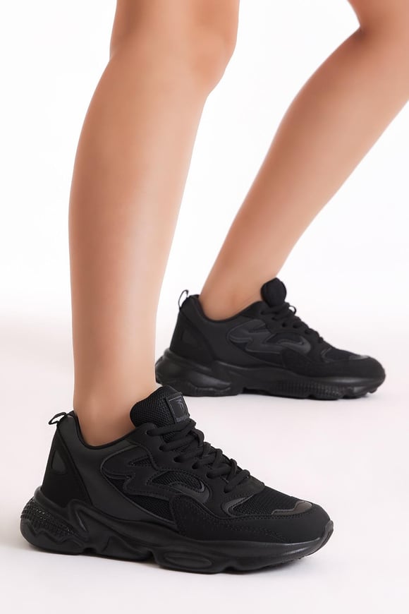 Rahat Kalıp Yüksek Taban Bağcıklı Unisex Siyah Spor Ayakkabı TB251-0