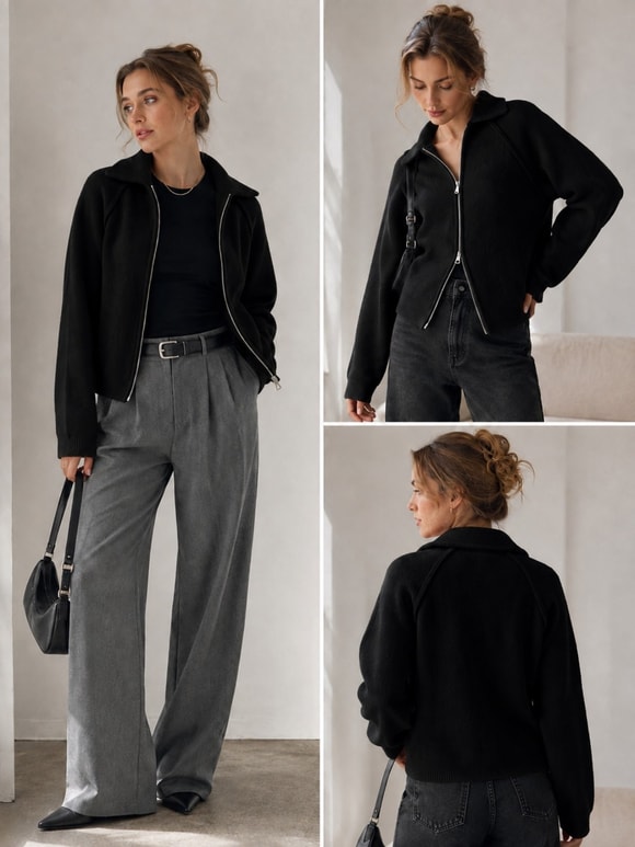 Retrobird Rosalie Oversize Polo Yaka Çift Fermuarlı Siyah Triko Hırka