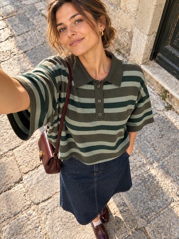Retrobird Atelier Kısa Oversize Polo Yaka Yeşil Çizgili Triko Kazak