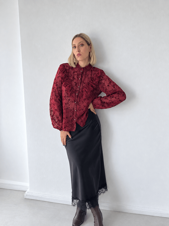 Retrobird Elodie Volanlı Dantel Hâkim Yaka Düğmeli Kırmızı Gömlek