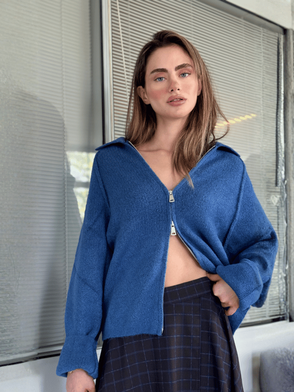 Retrobird Rosalie Oversize Polo Yaka Çift Fermuarlı Lacivert Triko Hırka