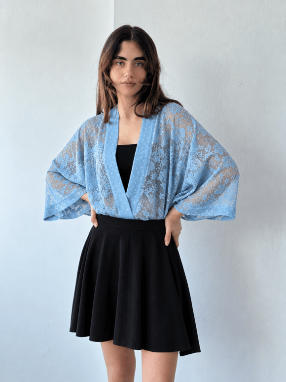 Retrobird Tasarım Transparan Dantel Marin Mavi Boho Mini Kimono