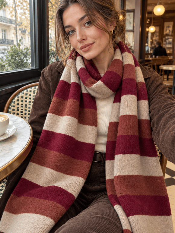 Retrobird Retro Çizgili Oversize Bordo Unisex Triko Atkı
