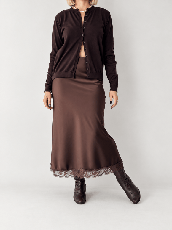 Retrobird Sylvie Dantel Detaylı Saten Kahverengi Midi Etek